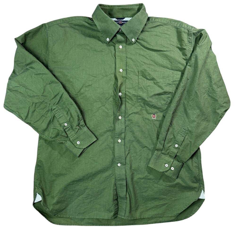 Tommy Hilfiger Shirt Men's XL Olive Green Preppy Button Down Crest Y2k Vintage